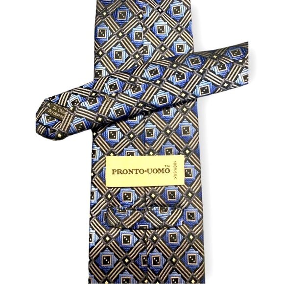 PRONTO UOMO- EUC - XL 65” - 100% silk Tie - Blue & Silver Squared - Picture 3 of 5